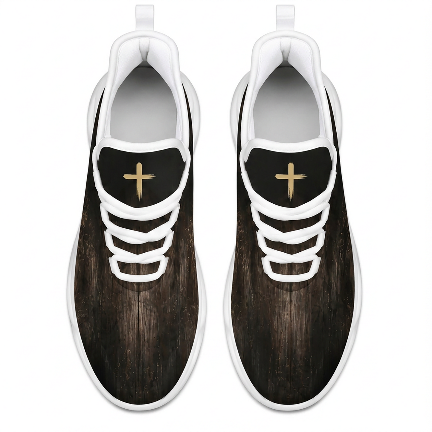 Top-down view of the custom sneakers showcasing the dark brown wood texture upper and a golden brushstroke cross on the tongue panels