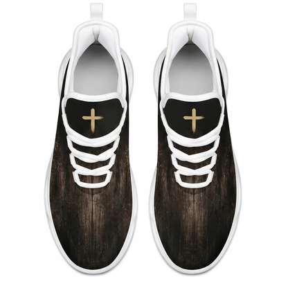 Top-down view of the custom sneakers showcasing the dark brown wood texture upper and a golden brushstroke cross on the tongue panels