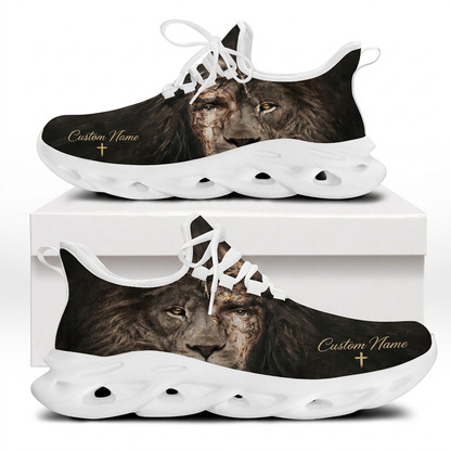 Both side profiles of Custom Name Jesus Lion Max Soul Shoes on white soles featuring a dark wood grain canvas with a face-to-face double exposure of Christ and a lion