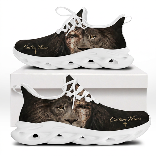 Both side profiles of Custom Name Jesus Lion Max Soul Shoes on white soles featuring a dark wood grain canvas with a face-to-face double exposure of Christ and a lion