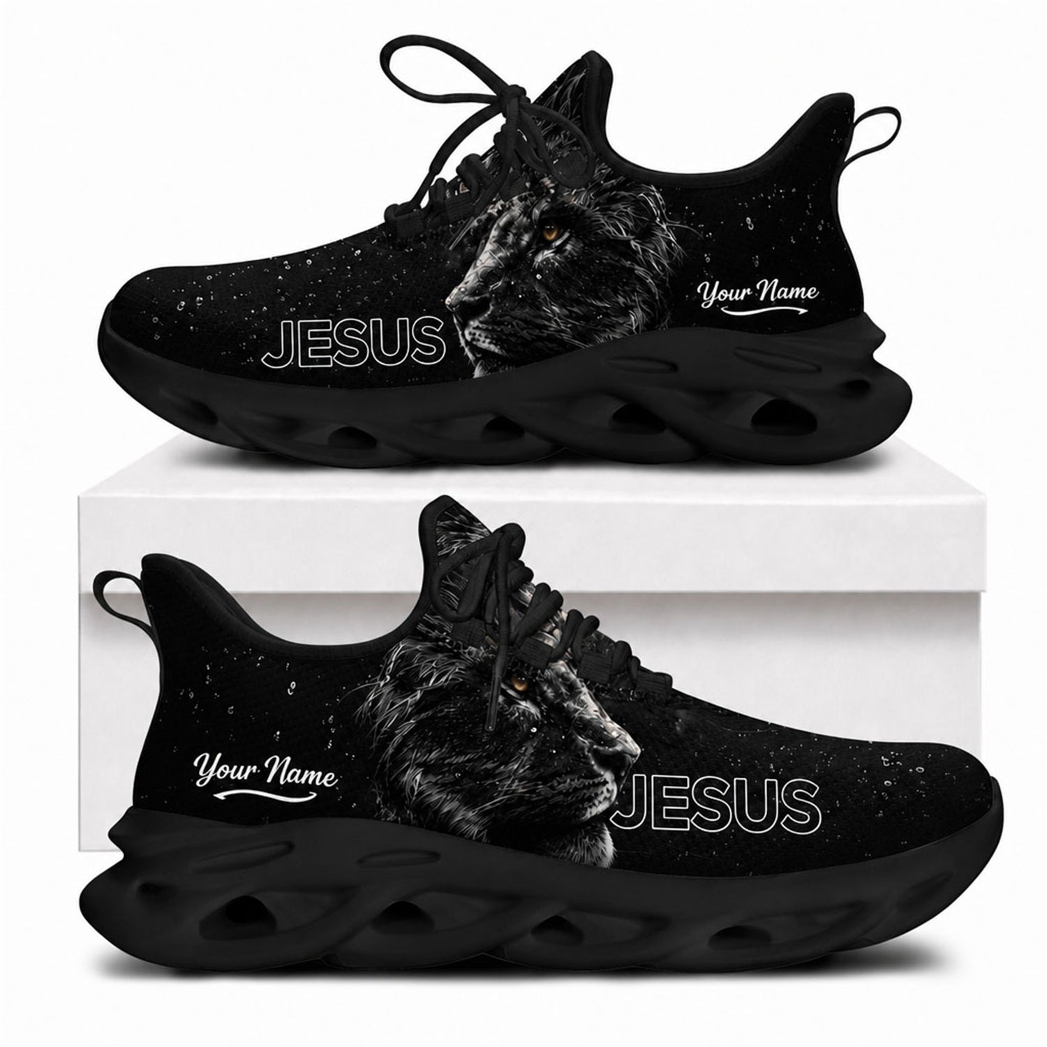 Jesus Christian shoes featuring a fierce black lion of Judah design and bold text on black wavy outsoles