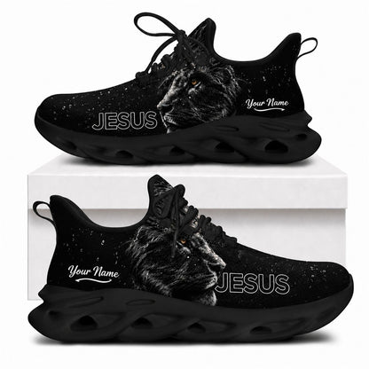 Jesus Christian shoes featuring a fierce black lion of Judah design and bold text on black wavy outsoles