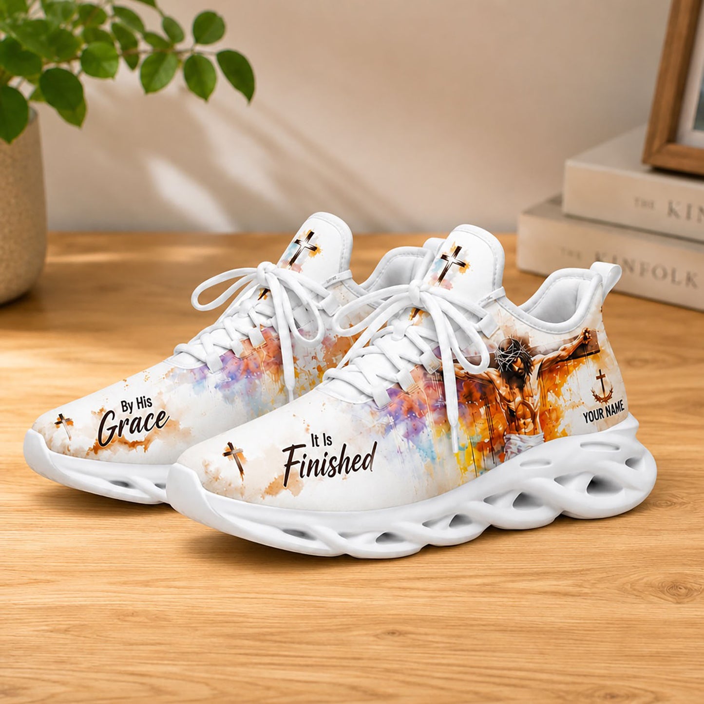 Lifestyle display of Custom Name Jesus Max Soul shoes with white soles styled on a warm tone wooden table