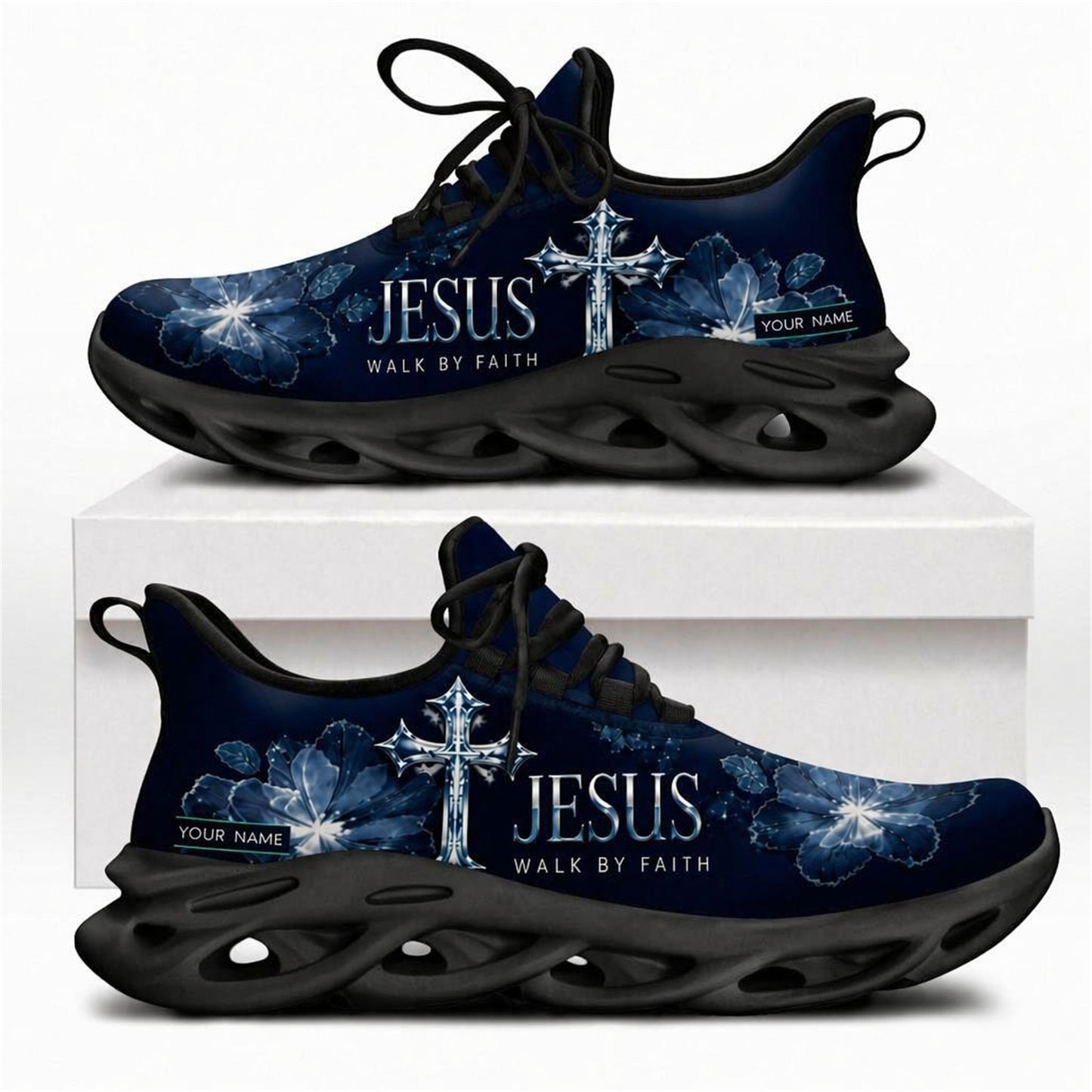 Christian sneakers with "Jesus Walk By Faith" text, floral, and cross design on black wavy soles