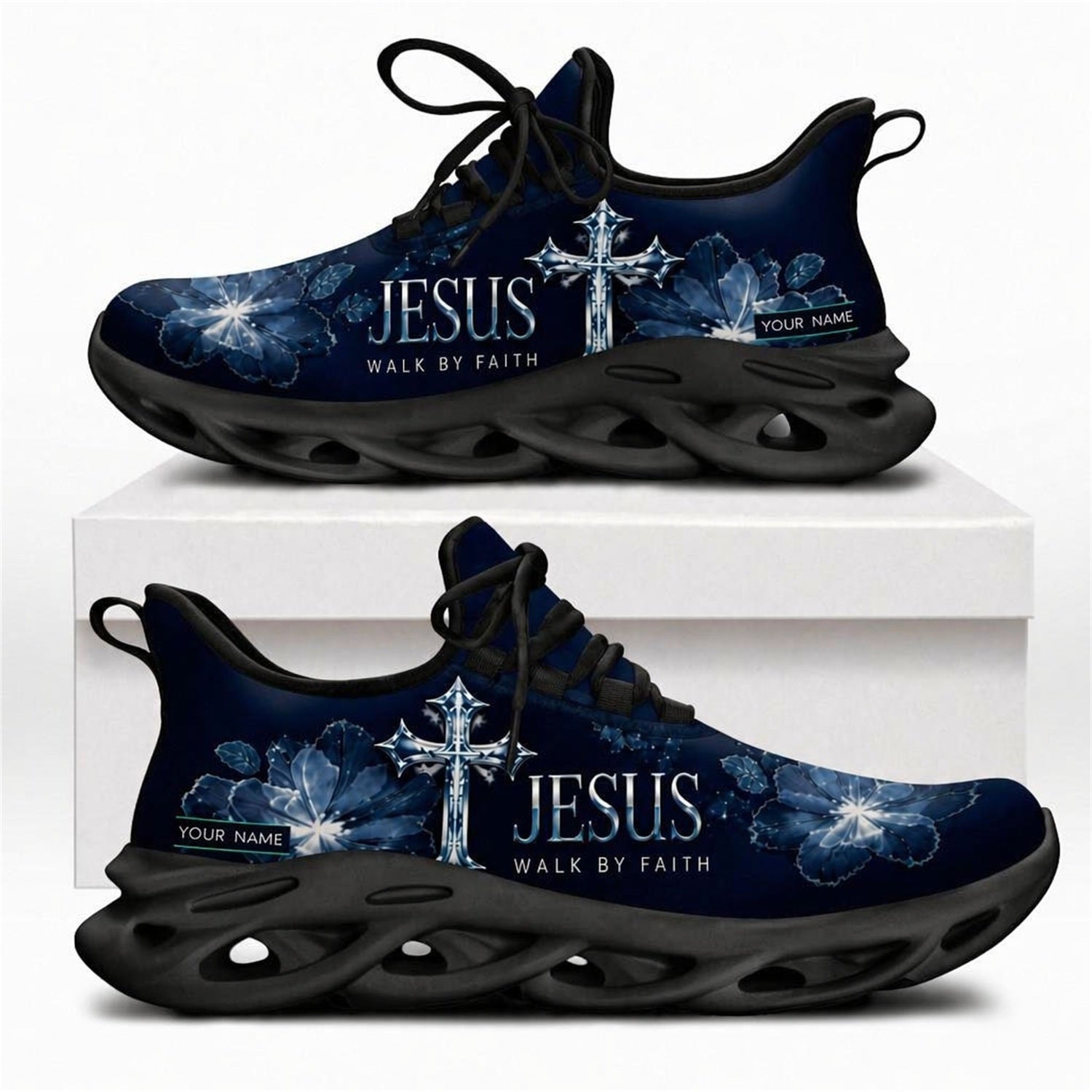 Christian sneakers with "Jesus Walk By Faith" text, floral, and cross design on black wavy soles