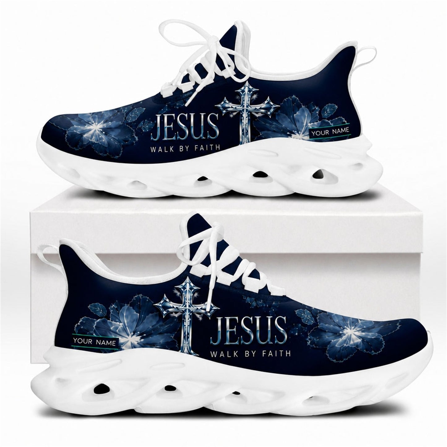 Side view of faith sneakers with blue floral cross motif on white outsoles