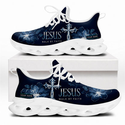 Side view of faith sneakers with blue floral cross motif on white outsoles