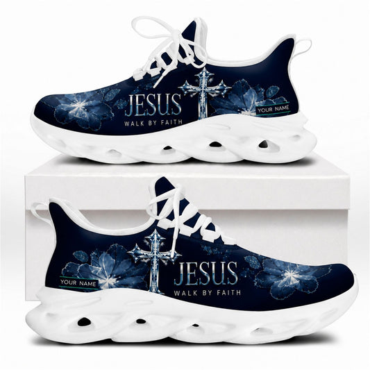 Side view of faith sneakers with blue floral cross motif on white outsoles