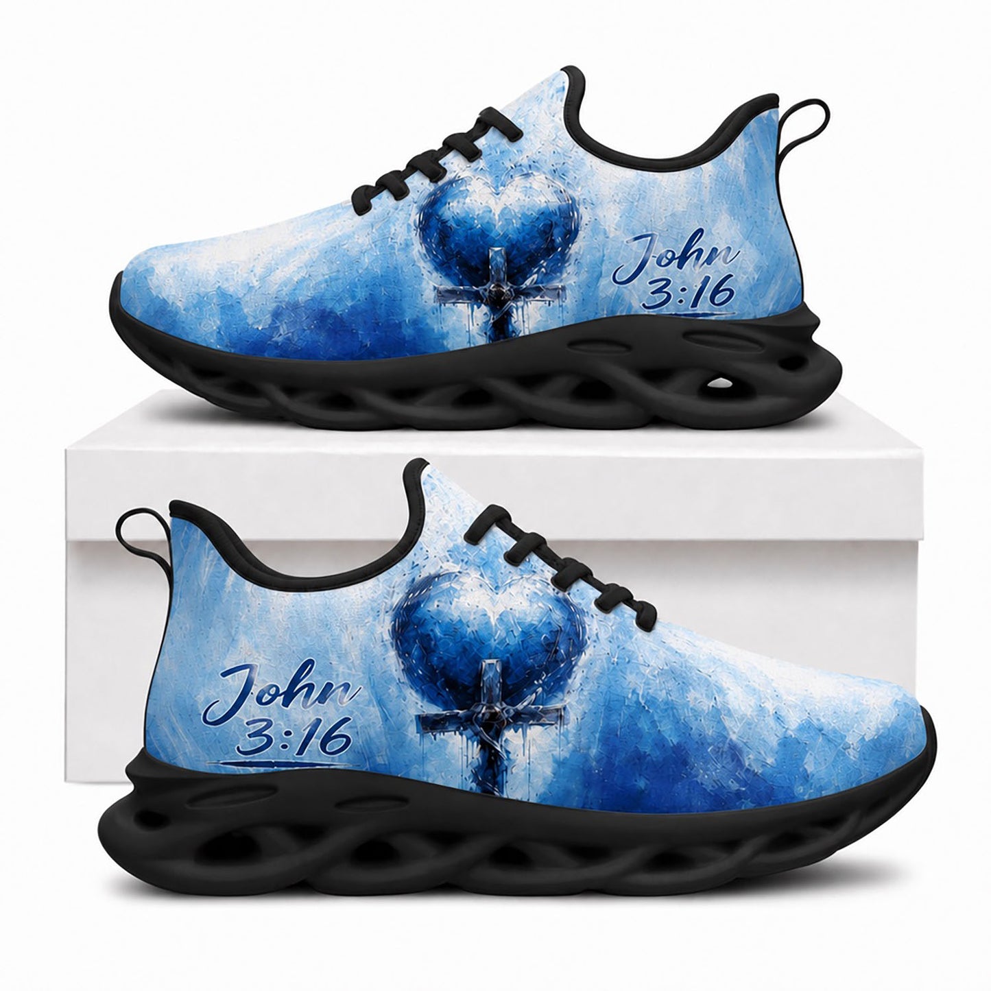 Side view of Custom Name John 3 16 Cross Heart Max Soul Shoes in black sole showing the custom text option