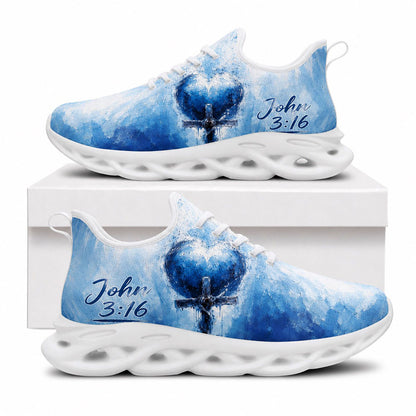 Side view of Custom Name John 3 16 Cross Heart Max Soul Shoes in white sole with blue abstract oil painting