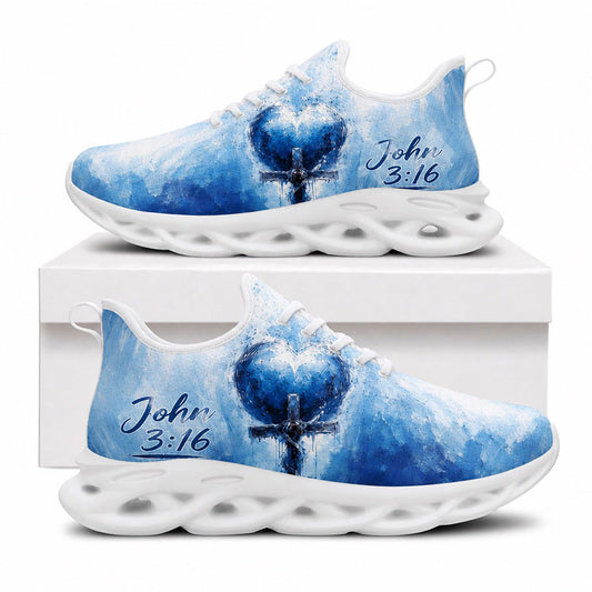 Side view of Custom Name John 3 16 Cross Heart Max Soul Shoes in white sole with blue abstract oil painting