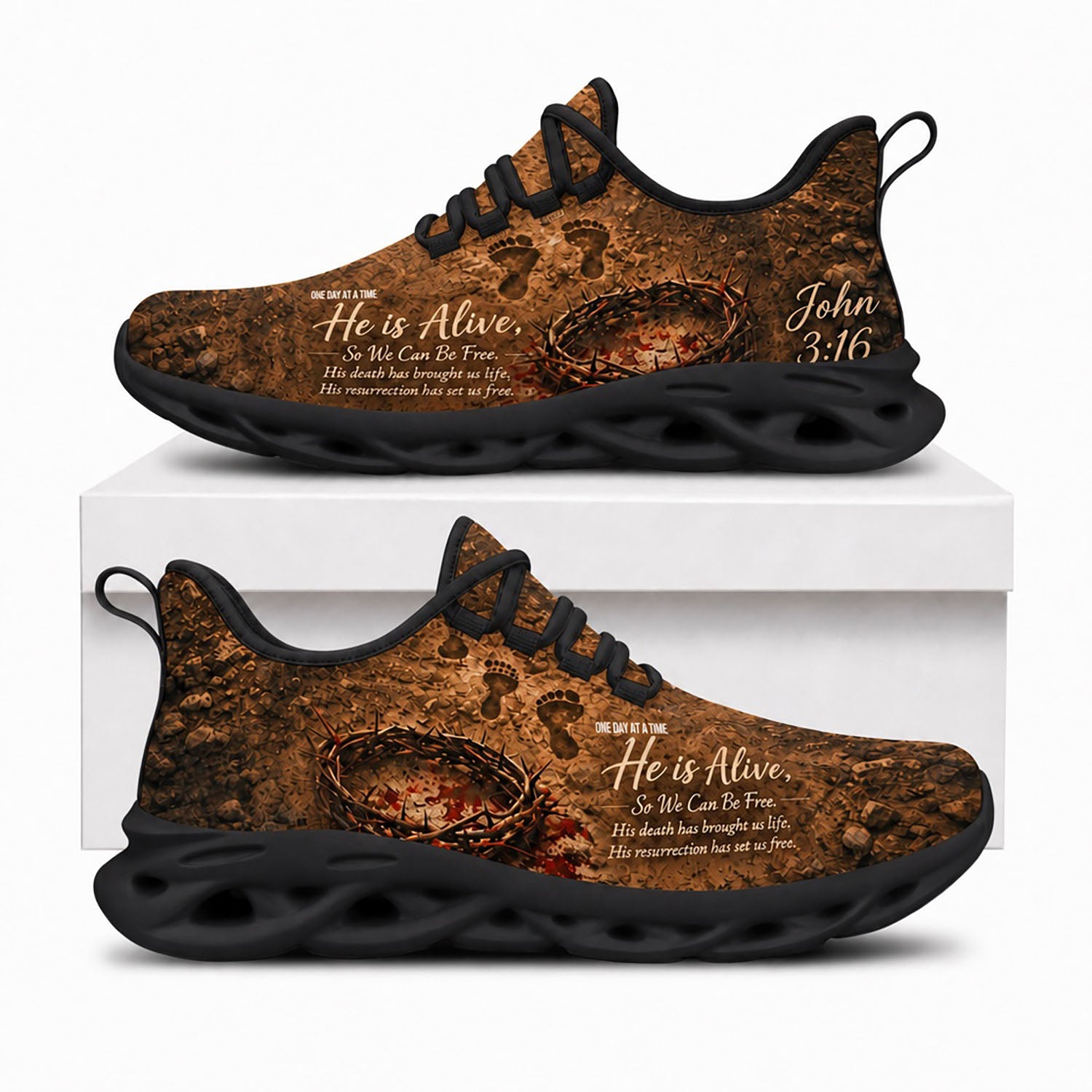 Side view of Custom Name John 3 16 He Is Alive Max Soul Shoes in black sole displaying the customized text area