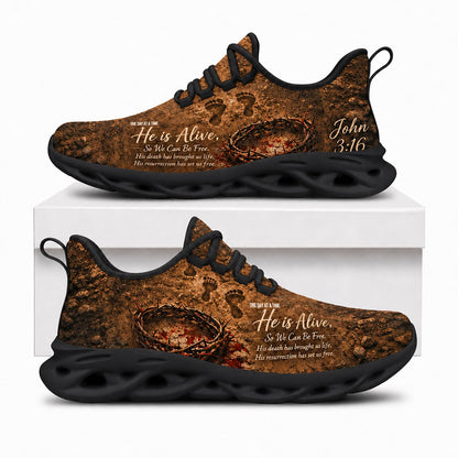 Side view of Custom Name John 3 16 He Is Alive Max Soul Shoes in black sole displaying the customized text area