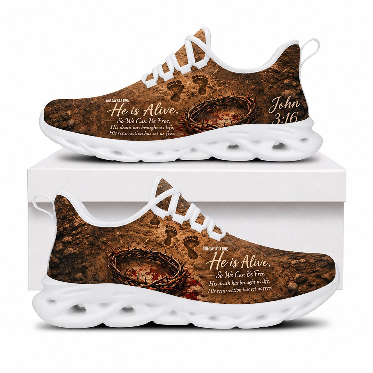 Side view of Custom Name John 3 16 He Is Alive Max Soul Shoes in white sole featuring crown of thorns and footprint graphics