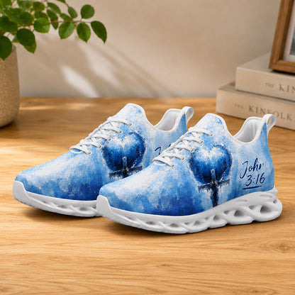 Lifestyle display of Custom Name John 3 16 Max Soul shoes with white soles styled on a light wooden table