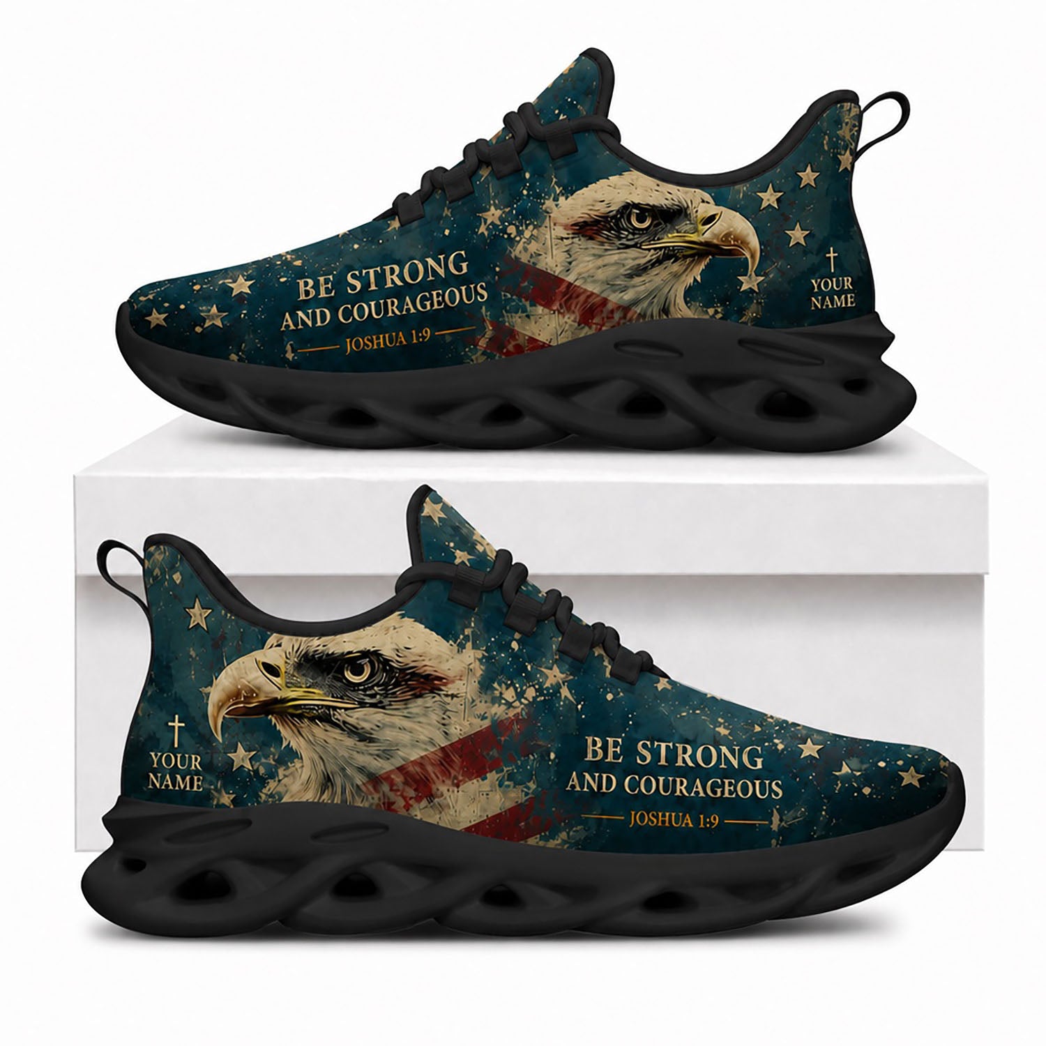 Side view of Custom Name Joshua 1 9 Be Strong And Courageous Max Soul Shoes in black sole showing the custom name field placement