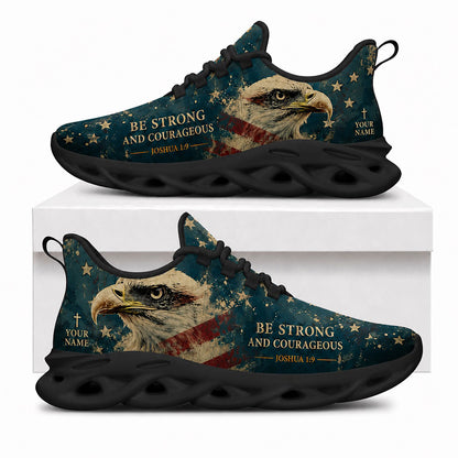 Side view of Custom Name Joshua 1 9 Be Strong And Courageous Max Soul Shoes in black sole showing the custom name field placement