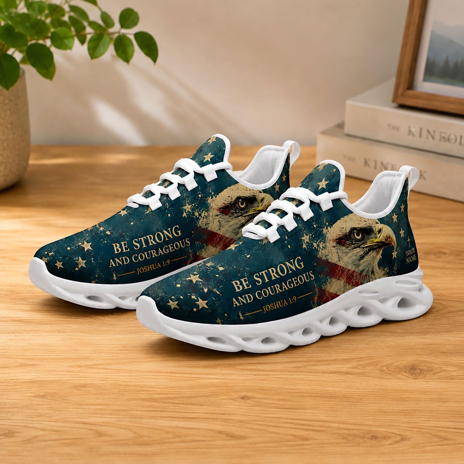 Lifestyle display of Custom Name Joshua 1 9 Be Strong And Courageous Max Soul shoes with white soles styled on a wooden table