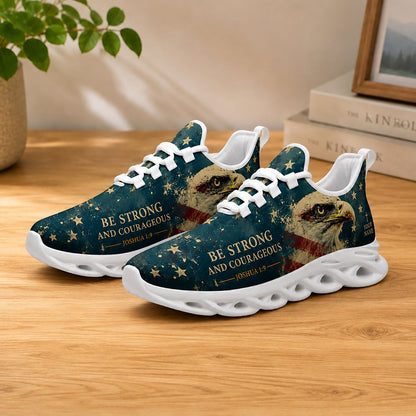 Lifestyle display of Custom Name Joshua 1 9 Be Strong And Courageous Max Soul shoes with white soles styled on a wooden table