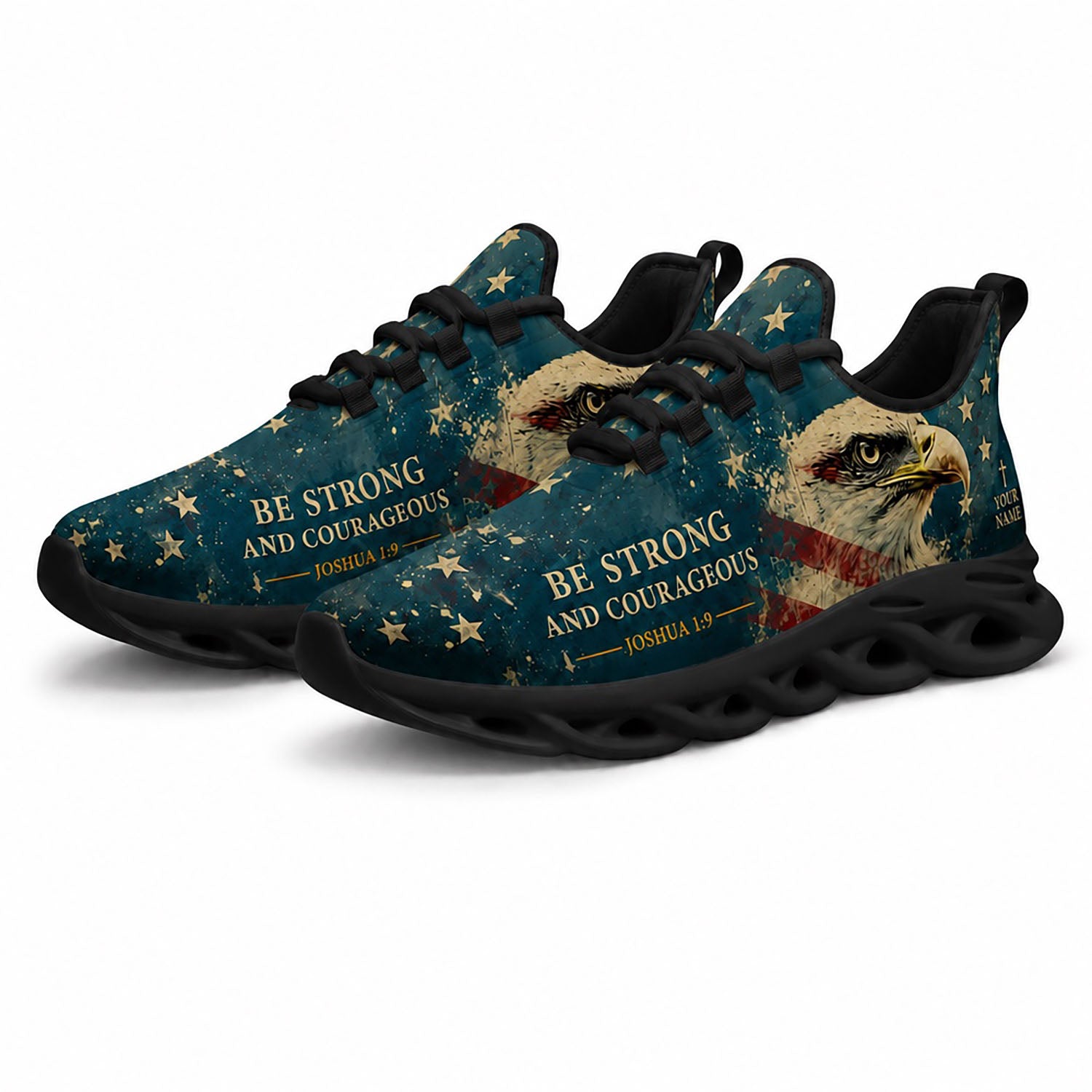 Pair of patriotic eagle sneakers featuring a vintage starry night flag print with dynamic black soles