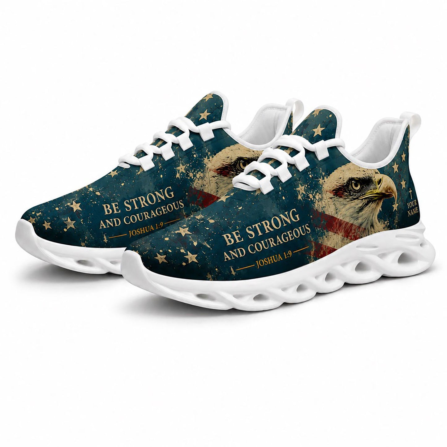 Angled pair of patriotic eagle sneakers with distressed American flag details and Joshua 1:9 text on white soles
