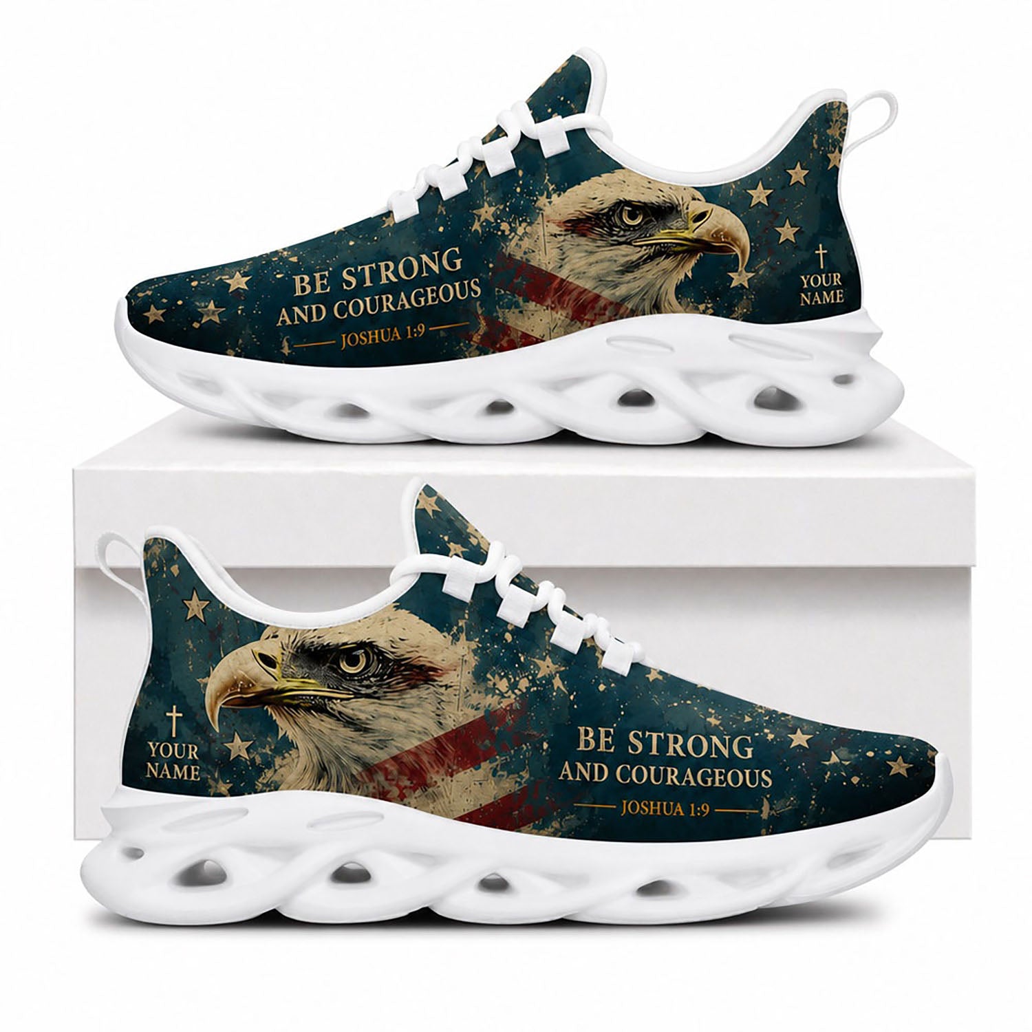 Side view of Custom Name Joshua 1 9 Be Strong And Courageous Max Soul Shoes in white sole featuring patriotic eagle art