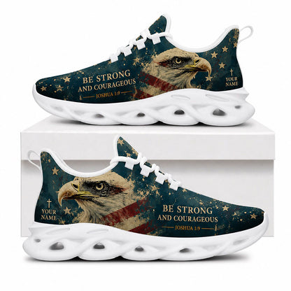 Side view of Custom Name Joshua 1 9 Be Strong And Courageous Max Soul Shoes in white sole featuring patriotic eagle art