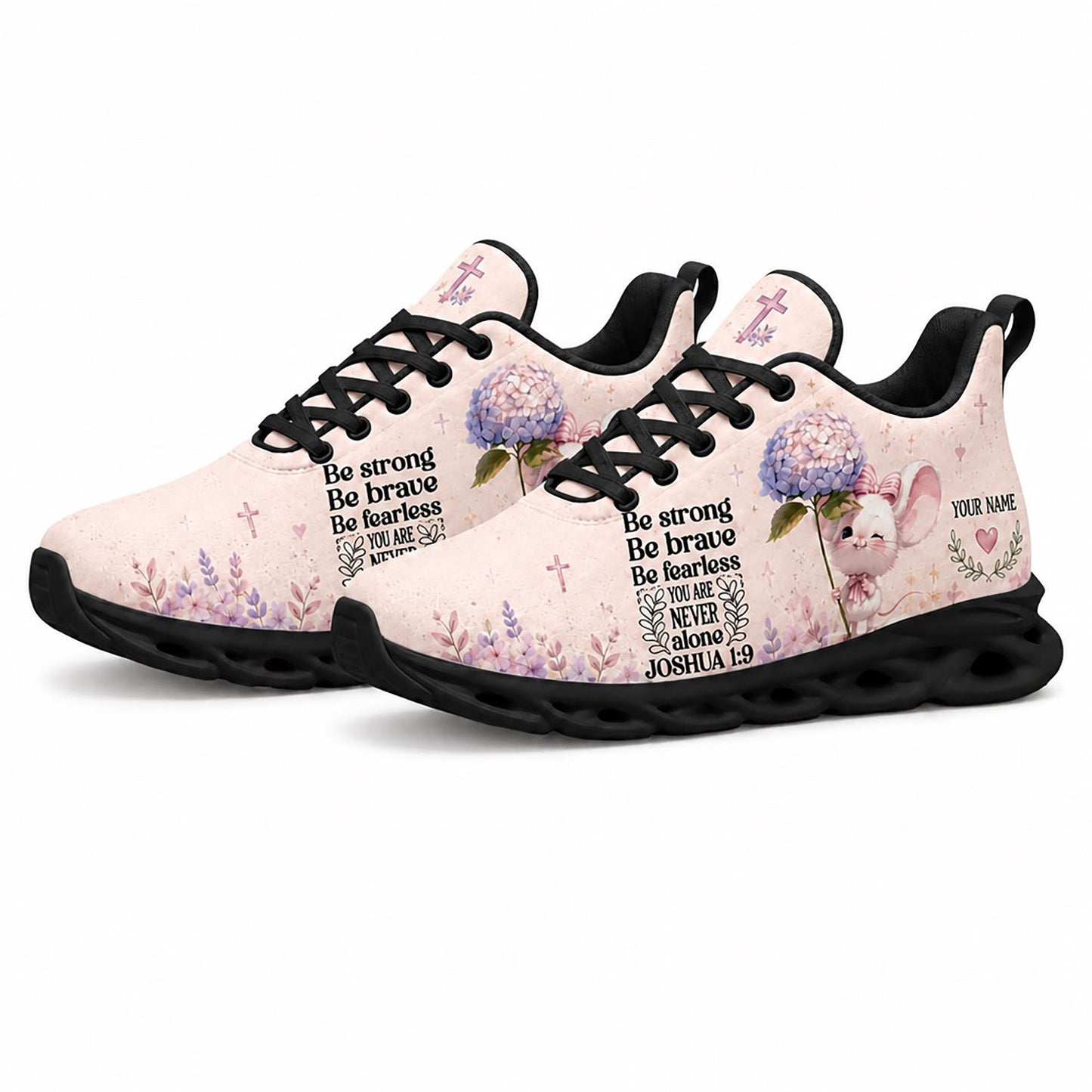 Pair of cute Christian floral sneakers featuring a pastoral watercolor mouse canvas print with dynamic black soles