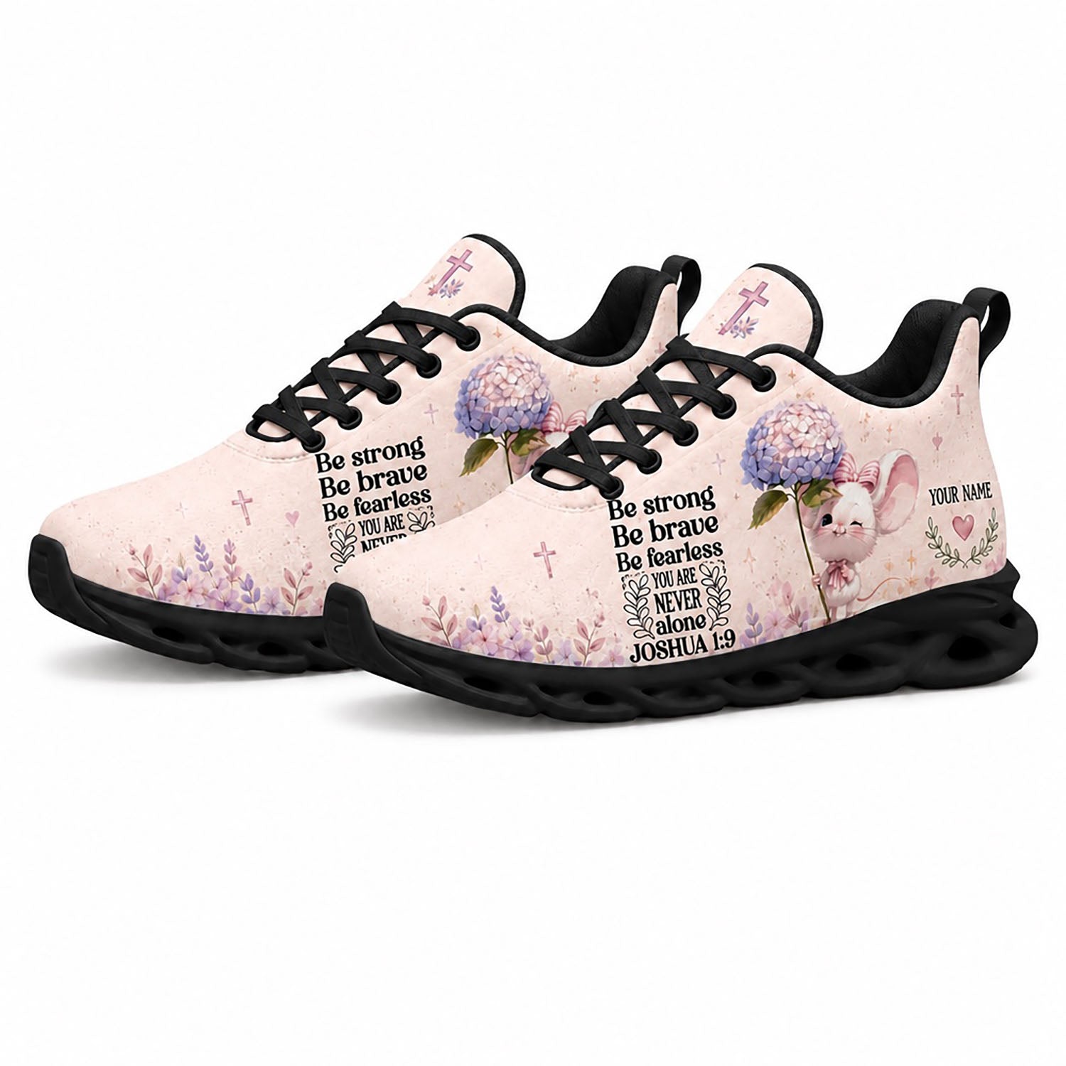 Pair of cute Christian floral sneakers featuring a pastoral watercolor mouse canvas print with dynamic black soles