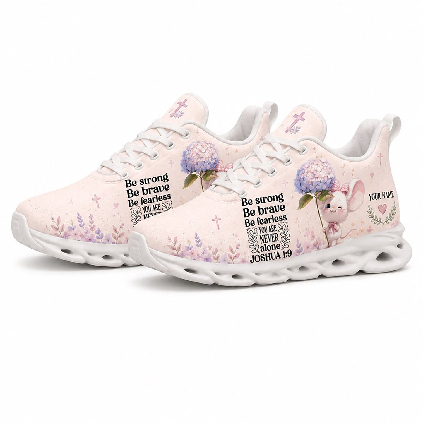 Angled pair of cute Christian floral sneakers with bright lavender patterns and custom name engraving fields on white soles