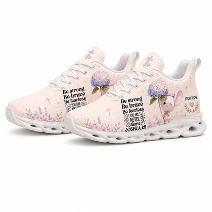 Angled pair of cute Christian floral sneakers with bright lavender patterns and custom name engraving fields on white soles