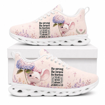 Side profile of Custom Name Joshua 1:9 Max Soul Shoes on white soles featuring a cute mouse holding a purple hydrangea