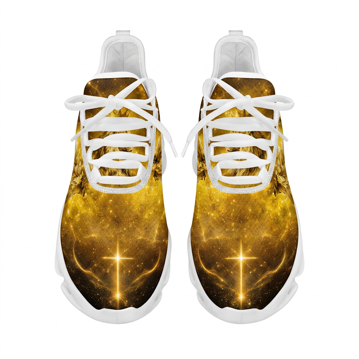 Top-down view of the custom Christian sneakers showcasing the bright golden nebula space print and a radiant shining cross on the toe boxes