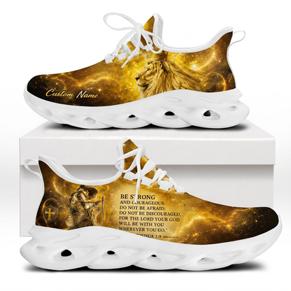 Side profile displays of Custom Name Joshua 1:9 Max Soul Shoes on white soles featuring a crowned golden lion graphic on one shoe and a kneeling armored knight on the other