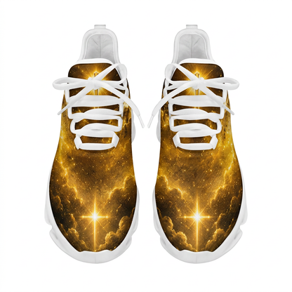 Top view of the custom sneakers showcasing the glowing golden cross and cosmic nebula print on the toe box