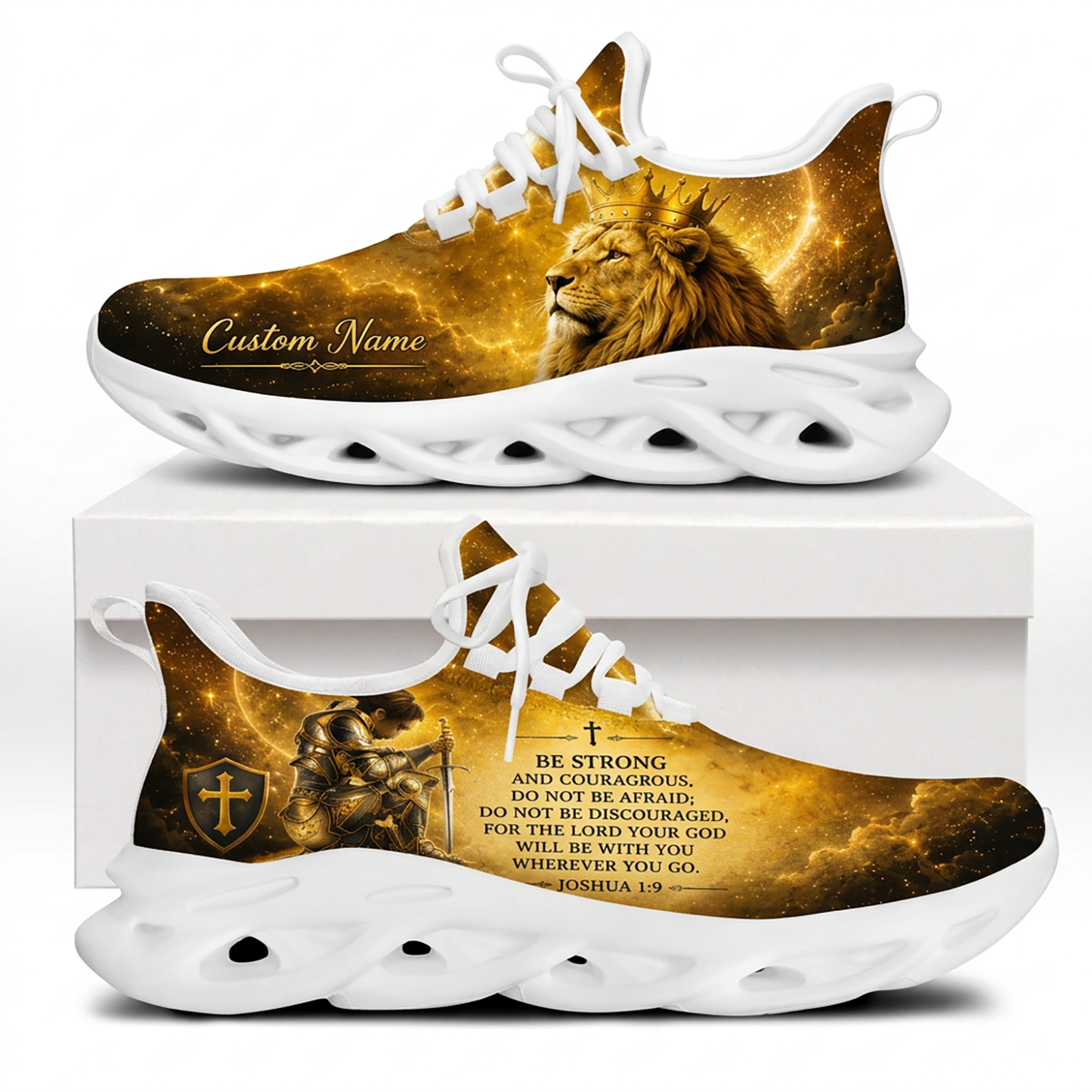 Side profile of Custom Name Joshua 1:9 Max Soul Shoes on white soles featuring a crowned golden lion and a kneeling knight in armor