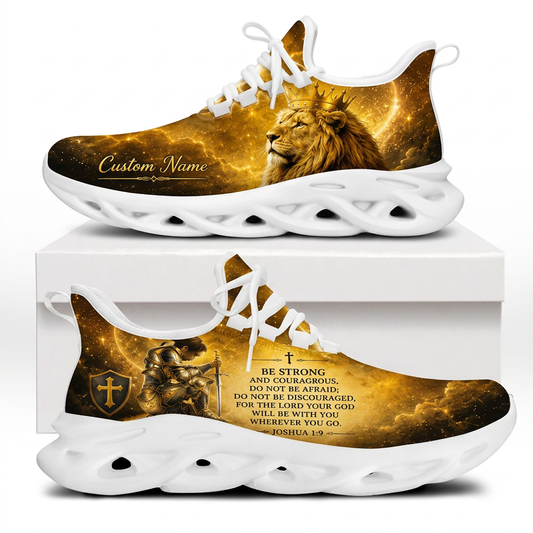 Side profile of Custom Name Joshua 1:9 Max Soul Shoes on white soles featuring a crowned golden lion and a kneeling knight in armor
