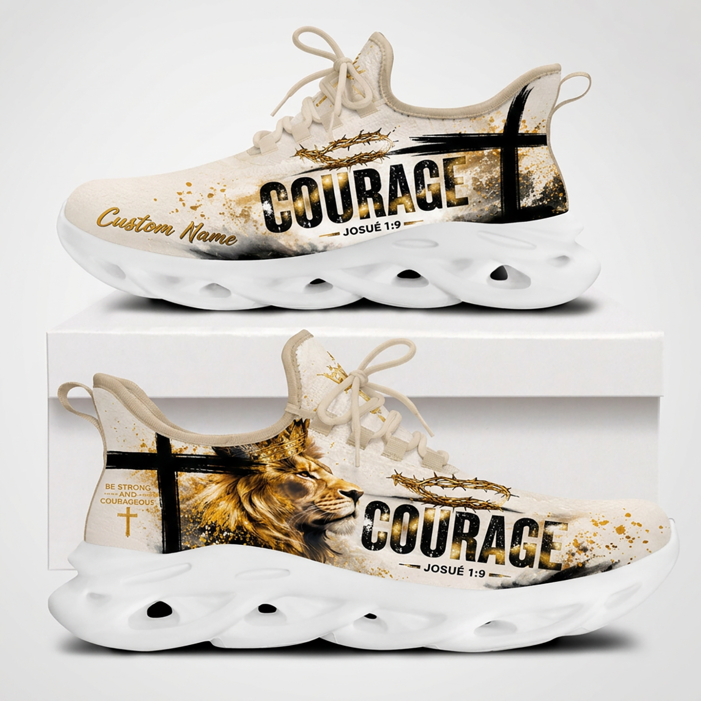 Both side views of Custom Name Josué 1:9 Courage Max Soul Shoes on white soles with a crowned lion profile, crown of thorns, and black cross
