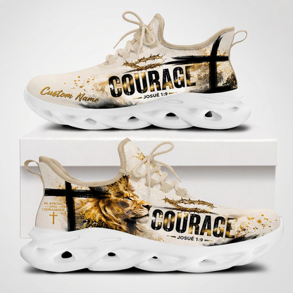 Both side views of Custom Name Josué 1:9 Courage Max Soul Shoes on white soles with a crowned lion profile, crown of thorns, and black cross