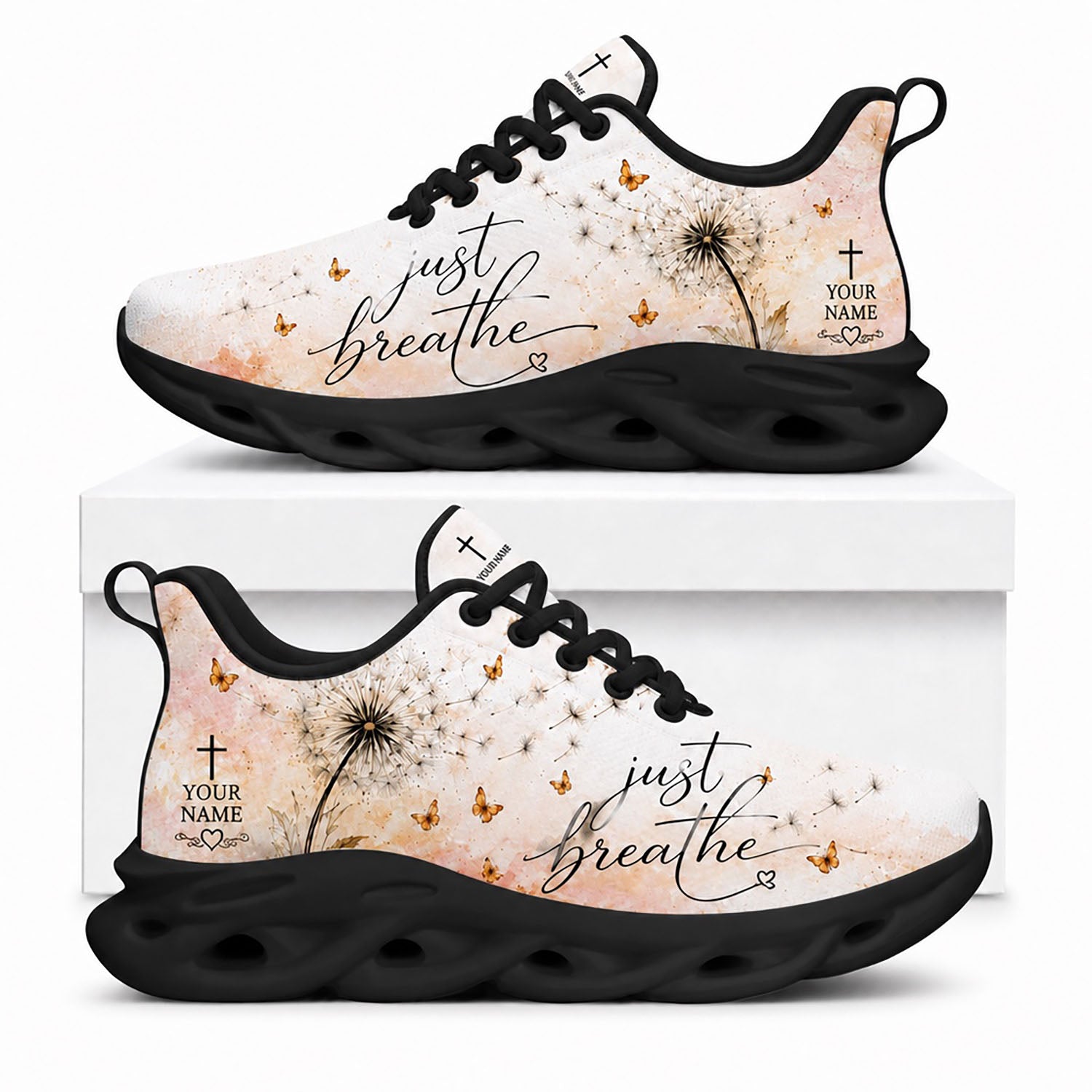 Side view of Custom Name Just Breathe Psalm 46 10 Max Soul Shoes in black sole showing the personalizable name area