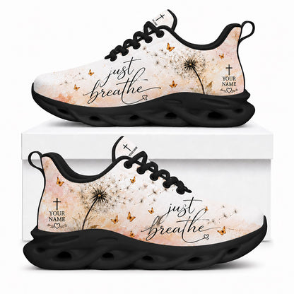Side view of Custom Name Just Breathe Psalm 46 10 Max Soul Shoes in black sole showing the personalizable name area