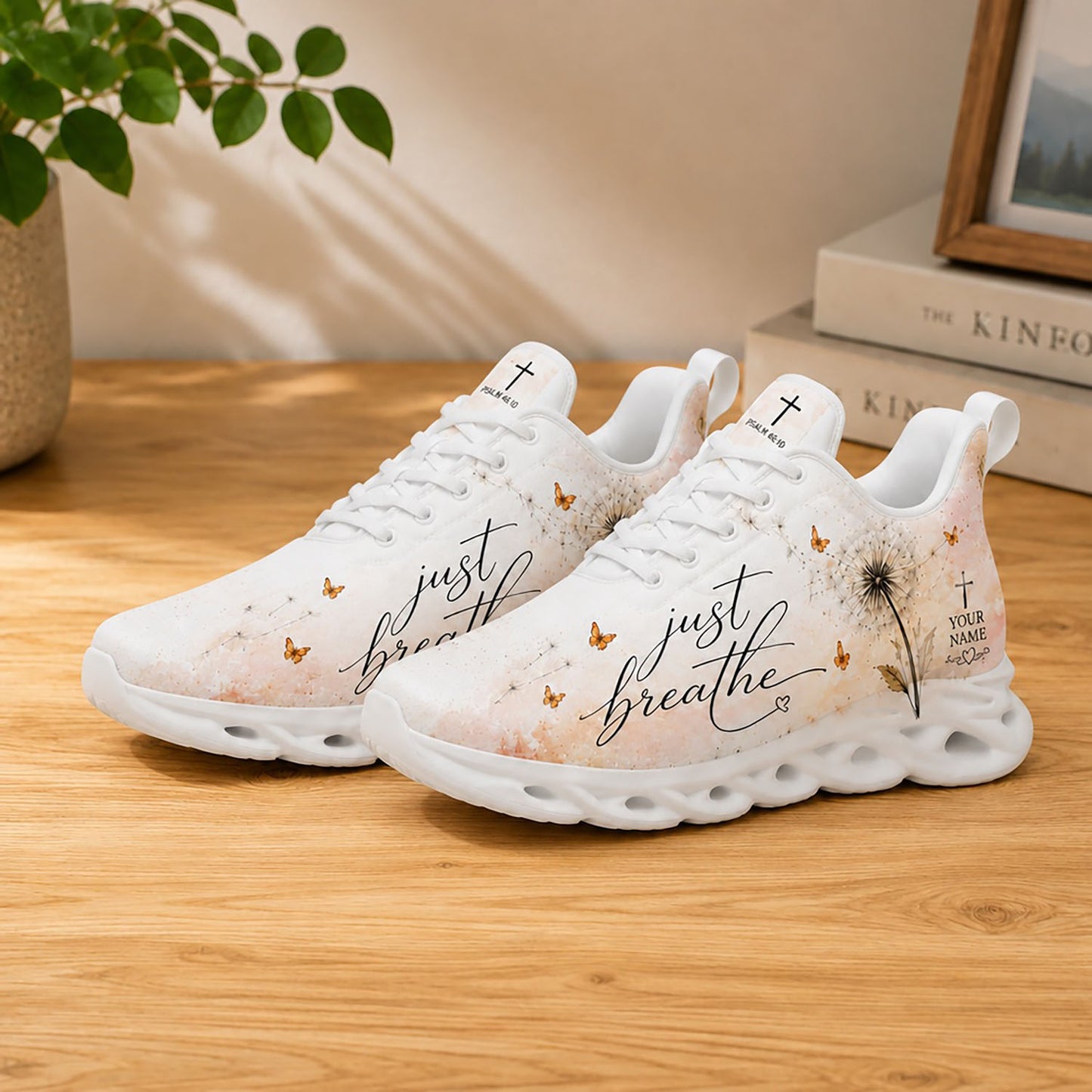 Lifestyle display of Custom Name Just Breathe Psalm 46 10 Max Soul shoes with white soles styled on a wooden tabletop