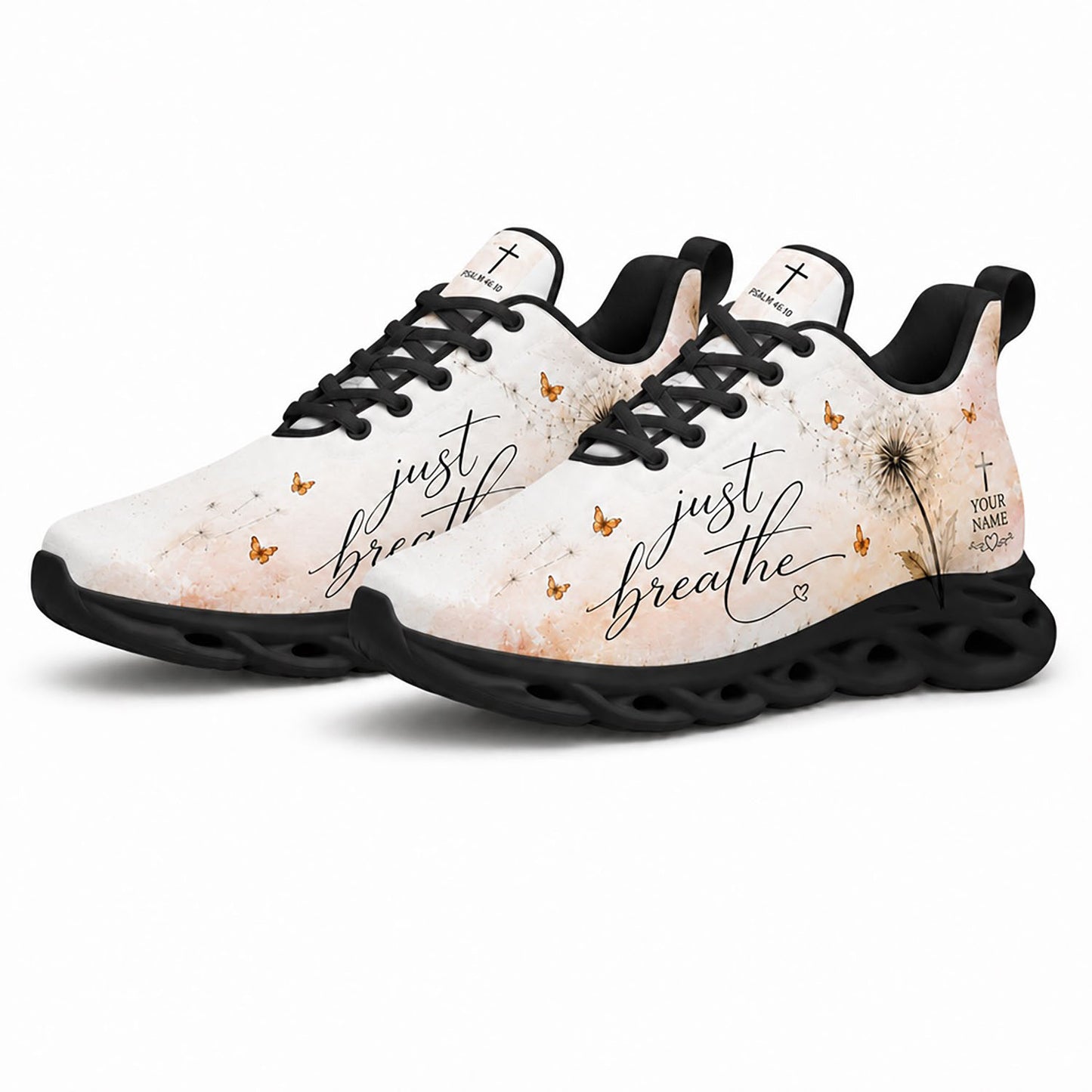 Pair of dandelion Christian sneakers featuring floating seeds and a holy cross print with dynamic black soles