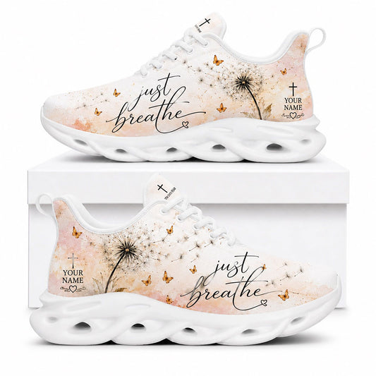 Side view of Custom Name Just Breathe Psalm 46 10 Max Soul Shoes with white sole featuring dandelion and yellow butterflies