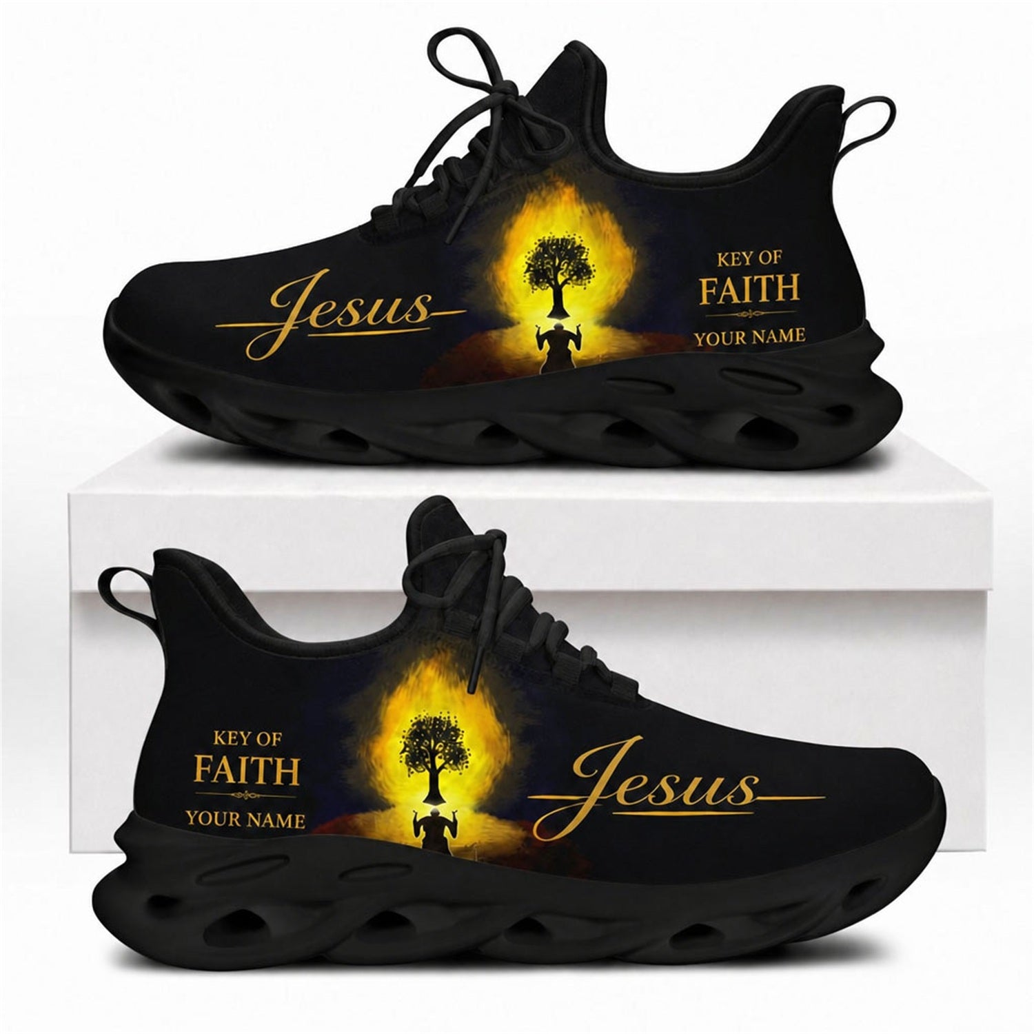 Christian sneakers featuring a burning tree prayer design and "Key of Faith" text on black wavy soles