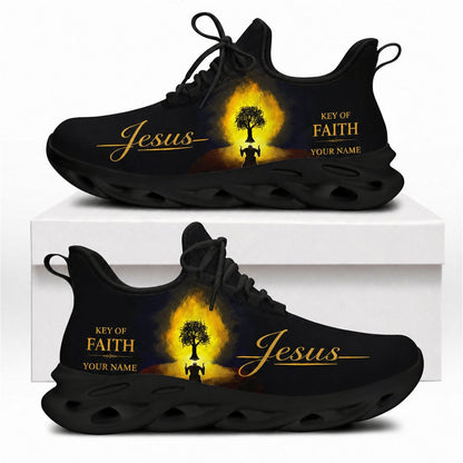 Christian sneakers featuring a burning tree prayer design and "Key of Faith" text on black wavy soles