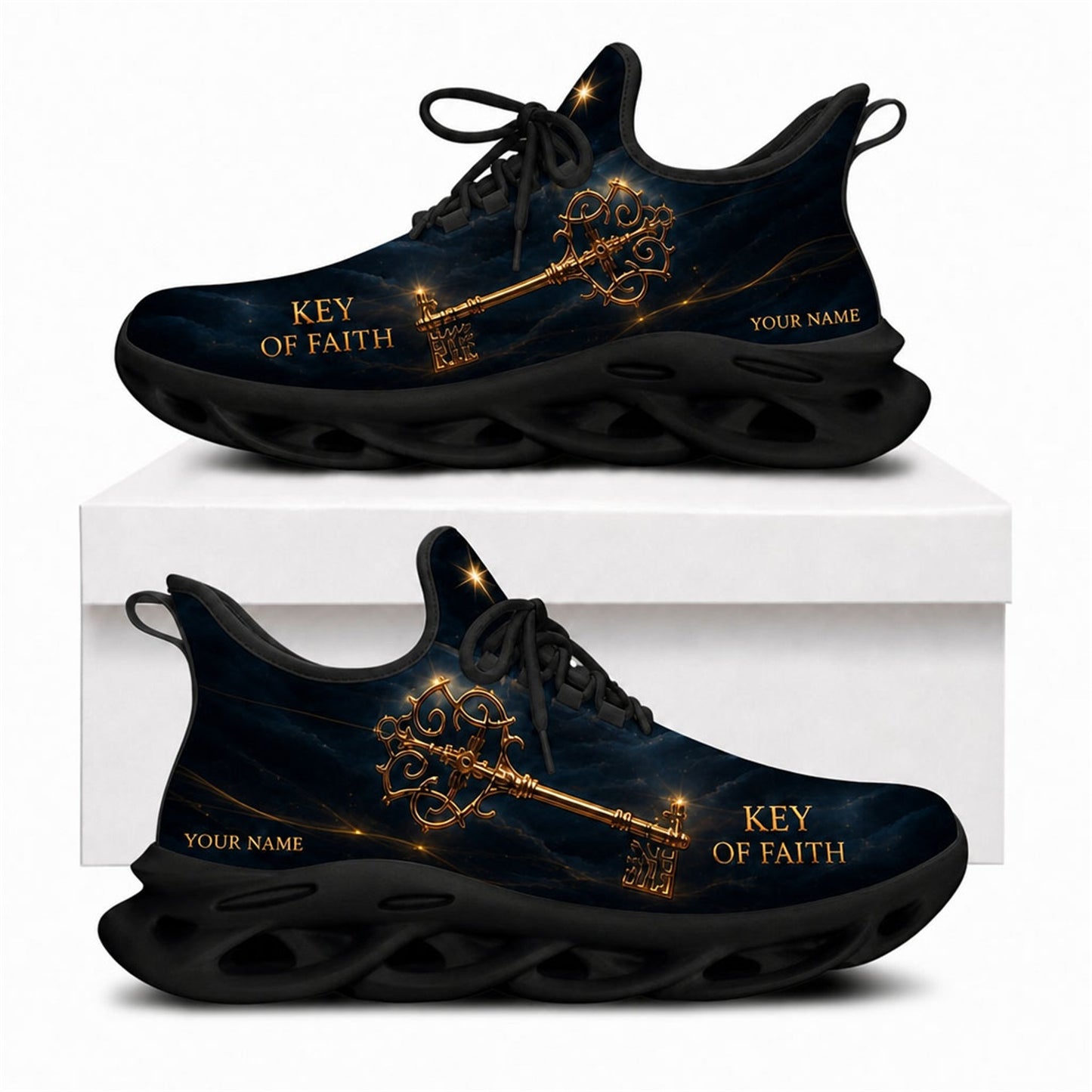 Key of Faith Max Soul shoes with a glowing golden key design and a solid black wavy sole