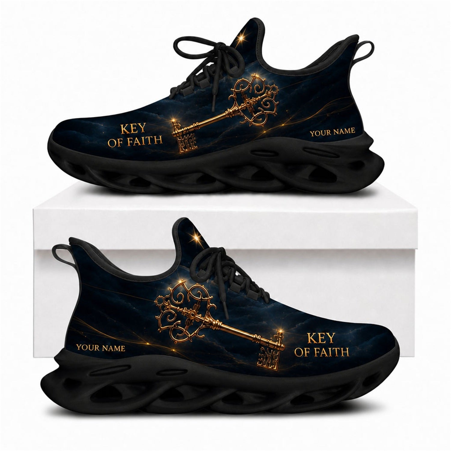 Key of Faith Max Soul shoes with a glowing golden key design and a solid black wavy sole