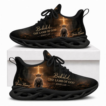 Christian sneakers with Lamb of God and John 1:29 verse art, black wavy soles