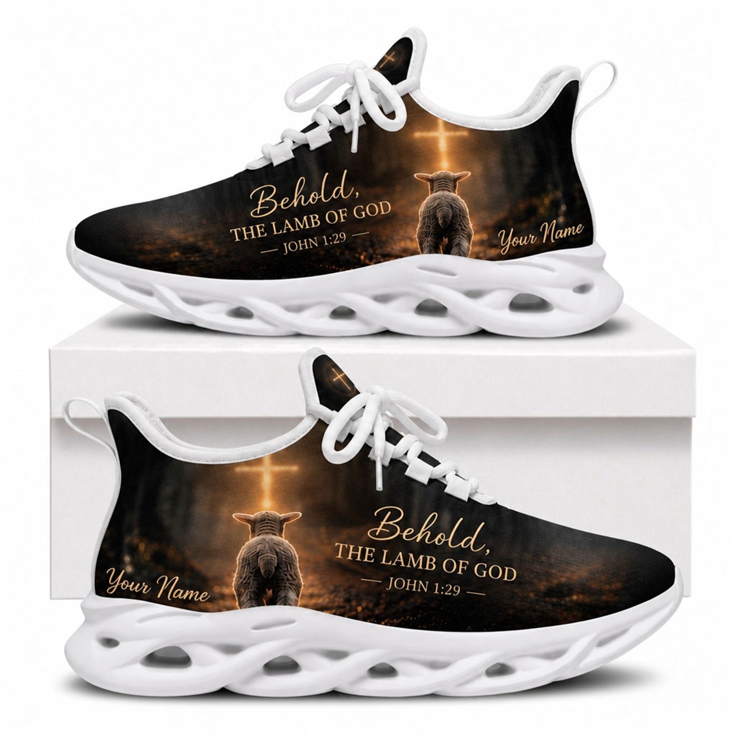 Side view of Lamb of God faith sneakers with John 1:29 verse design and white outsoles